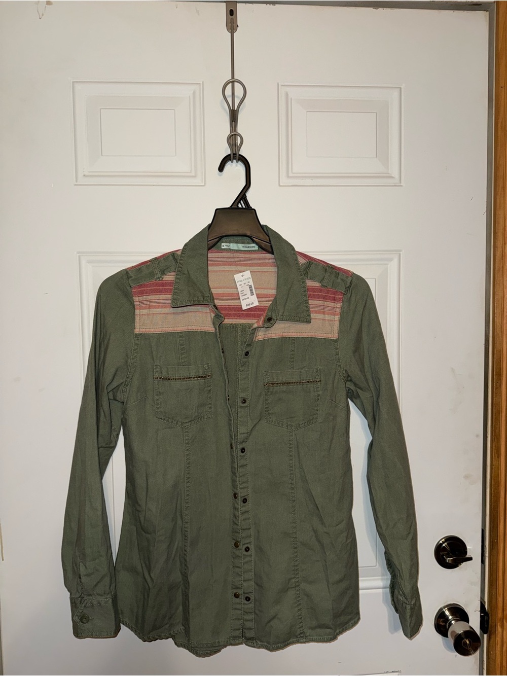 Maurices Olive Green Button-Front Shirt Jacket with Striped Shoulder Yoke